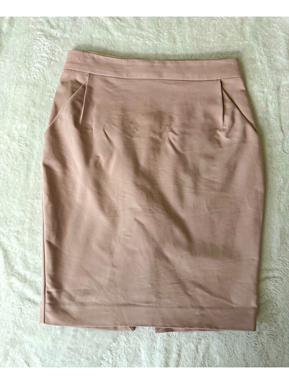 Express Women Solid Beige Straight Pencil Skirt Knee High Rise Woven Zip 2